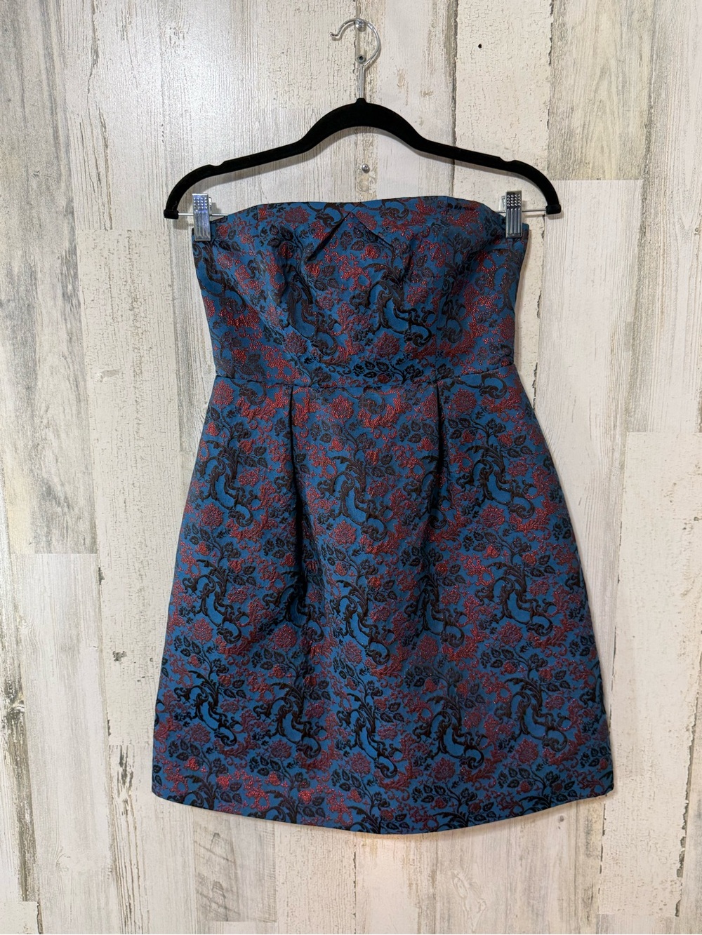 Anthropologie Strapless Brocade Dress in Blue and Red